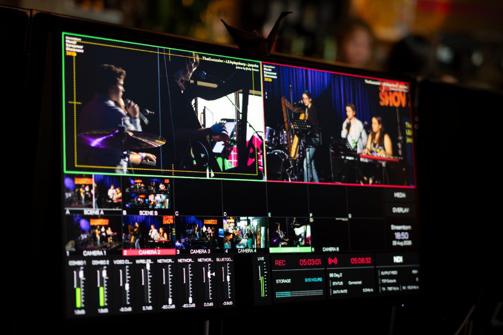Multiview op de videoswitcher, met camerabeelden en audioniveaus